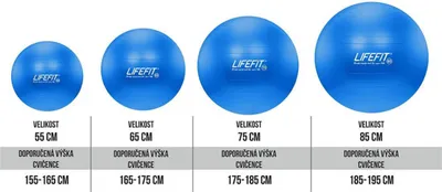 A size chart for Lifefit exercise balls, showing different sizes and recommended user heights.