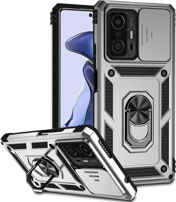 Image de Etui pour Xiaomi 11T / 11T Pro étui double couche avec couvercle coulissant pour l'appareil photo et anneau de support Argent