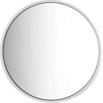 A close-up studio shot of a round cosmetic mirror with a silver frame.