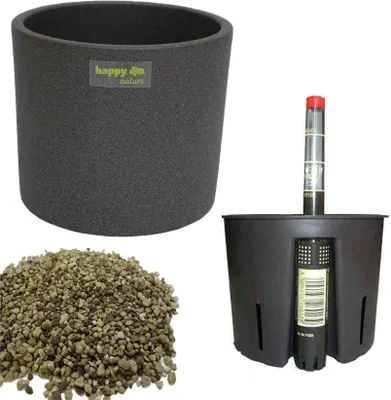 Produktbild von happy-nature Pflanztopf Keramik, grau, Ø 17,0 cm, H 14,5 cm, Madeira, für Erdpflanzen, 4 Stück, mit integriertem Granulat-System (Wurzelballenschutz, Wasserstandsanzeiger, verhindert Staunässe)
