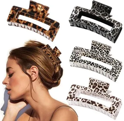 Zdjęcie produktu dla Zestaw 4 klipsów do włosów Unyqoos® dla kobiet – stabilne klipsy wykonane z tworzywa sztucznego i żywicy, 4 wzory, w tym wzór leopard, idealne do włosów cienkich i średnich