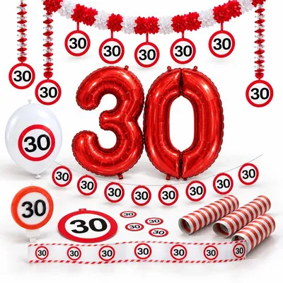 Produktbild von Verkehrsschild Partyset 30. Geburtstag Party Deko Set rot weiss Dekoration Geburtstagsdeko Zahl Frau Mann Jubiläum