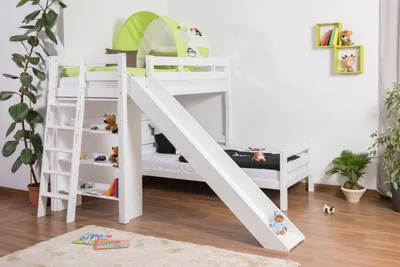 Produktbild von Kinderbett Etagenbett Pauli Buche Vollholz massiv weiß lackiert mit Regal und Rutsche inkl. Rollrost - 90 x 200 cm, teilbar