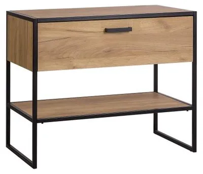 Productafbeelding van Meubel onder wastafel ONIL – 2 deuren – Licht eiken en zwart – Industriële stijl – L90 cm