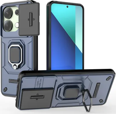 Obrázek produktu pro Pouzdro pro Xiaomi Redmi Note 13 4G dvouvrstvé pouzdro s posuvnou ochranou kamery a držákem prstenu, stojánek modré