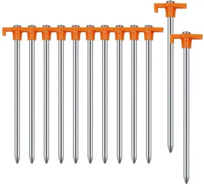 Obrázok produktu pre Uniqoos® Sada 12 kusov oceľových kotviacich kolíkov na stan, 18 cm – robustné kolíky s plastovou hlavou, pútkom a háčikom, vhodné na stan, pavilón a markízu