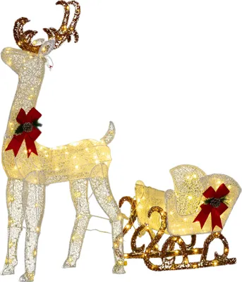 A lit-up Christmas reindeer pulling a sleigh, on a white background.
