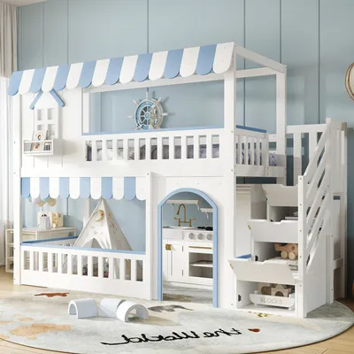Image de Lit superposé Merax 90 x 200 cm avec rangement sous l'escalier et barrière de sécurité, lit enfant avec sommier à lattes et motif fenêtre, pin + MDF, blanc + bleu