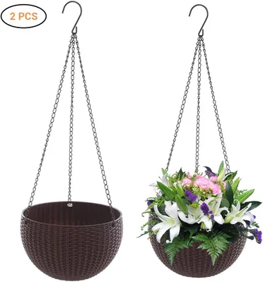 Two hanging flower baskets, one empty and one filled with flowers, against a white background.