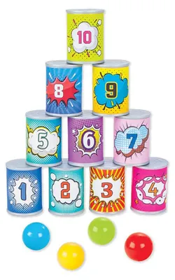 Produktbild von Pilsan Kinderspielzeug Dosenwurfspiel 06034, vier Bälle, zehn Dosen, ab 1 Jahr bunt