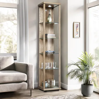 Immagine prodotto di K-Möbel Vetrina in piedi in rovere Sonoma (176x37x33 cm) con 4 ripiani in vetro regolabili in altezza e LED - Vetrina in piedi - Vetrina da esposizione - Vetrina da collezione