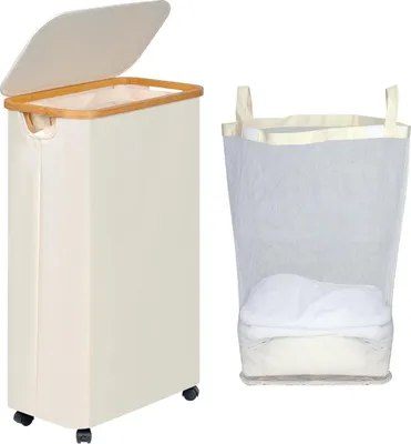 Produktbild von efluky Wäschekorb mit Rollen und Deckel Beige 75L