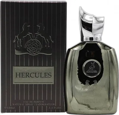 A perfume bottle and its packaging are displayed against a white background.