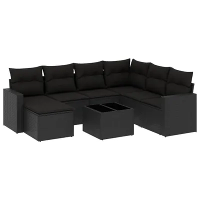 Produktbild von Modulares 8-tlg. Garten-Lounge-Set, Poly Rattan Schwarz, mit abnehmbaren Kissen, Hartglas-Tisch, UV-beständig