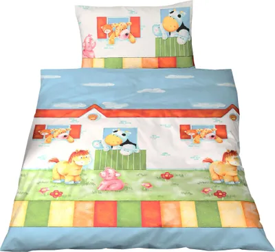Produktbild von JACK Fein Biber Bettwäsche Baby 2 tlg. 100x135cm Hoftiere Bauernhof Bunt mit Reißverschluss