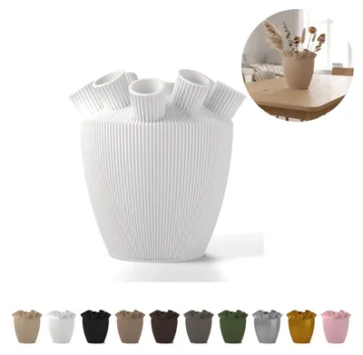 Produktbild von Deko Vase Shinzo 18,1 cm, gerippte Tulpenvase mit Stielröhrchen, PLA – Weiß