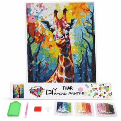 Imagen del producto de Kit completo para pintura con diamantes THAR, diseño de jirafa colorida, 40 x 50 cm
