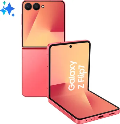A pink Samsung Galaxy Z Flip7 foldable smartphone is shown from two angles against a white background. The phone is partially open, displaying its screen.