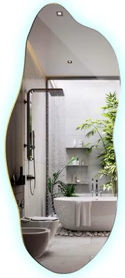 A modern bathroom with a freestanding bathtub, shower, and toilet, reflected in an irregularly shaped LED mirror.