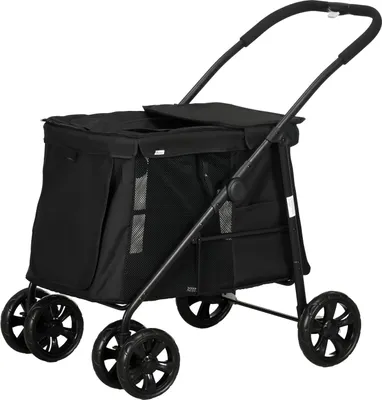 Produktbild von Hundewagen, Faltbarer Hundebuggy, Mit Seitentaschen, Netzfenster, Für Kleine Und Mittelgroße Hunde Bis 20 Kg, Oxford-Gewebe, Schwarz