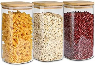 Produktbild von PolkaHome® 1500 ml Glasgefäße mit Bambusdeckeln, transparente luftdichte Vorratsbehälter für die Küche, 3er-Set
