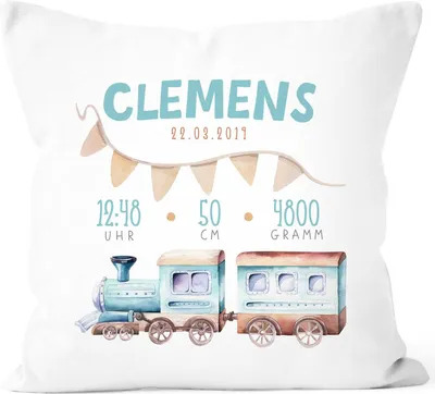 Produktbild von personalisierbares Kissen zur Geburt, Geburtskissen für Jungen mit Zug, Namenskissen Geschenk Geburt Baby SpecialMe® weiß unisize