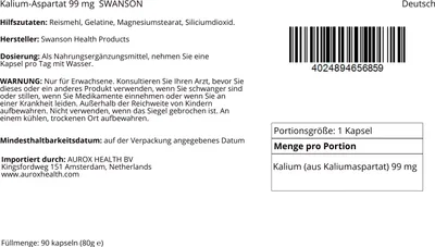 Immagine prodotto di Potassio aspartato 99 mg 90 capsule Swanson Health Products