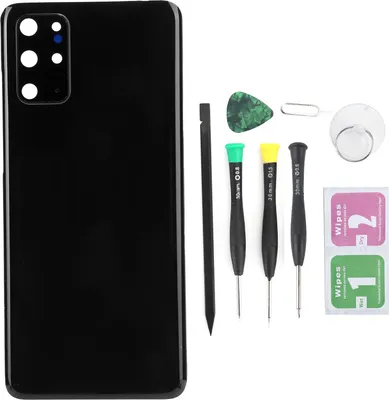 A black smartphone back cover and a set of repair tools are laid out on a white background.