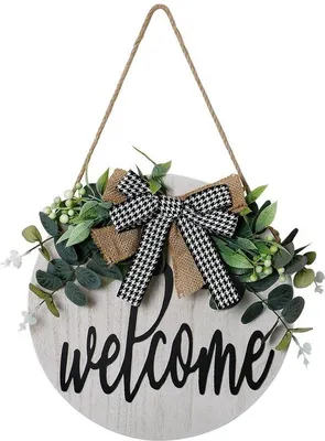 Productafbeelding van Welkomstbord van hout met kunstbladeren - 30 x 30 cm (wit)