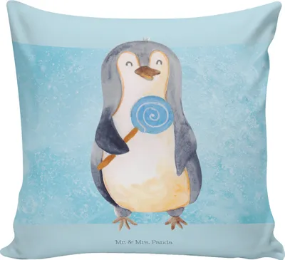 Produktbild von Mr. & Mrs. Panda Deko Kissen Pinguin Lolli - Eisblau - Geschenk, Süßigkeiten, Naschen, couch, Spruch, Heißhunger, 40x40, zier, Dekokissen, kuschelkissen, Rebell, Kuschel