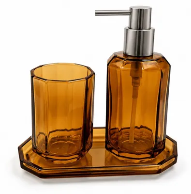 Produktbild von 3-teiliges Badaccessoires Set aus Glas, Seifenspender mit Pumpspender, Zahnputzbecher & Ablageschale für Waschtisch Bernstein Braun