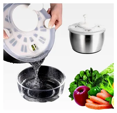 Produktbild von Große Salatschleuder aus Edelstahl zum Waschen und Trocknen von Gemüse und Salat