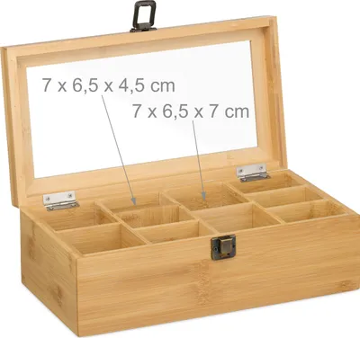 Zdjęcie produktu dla Relaxdays Pudełko na herbatę z 10 przegrodami, do przechowywania herbaty, bambus, przezroczyste okienko, wyjmowane przegródki, wymiary: 10 x 29,5 x 17 cm, kolor naturalny