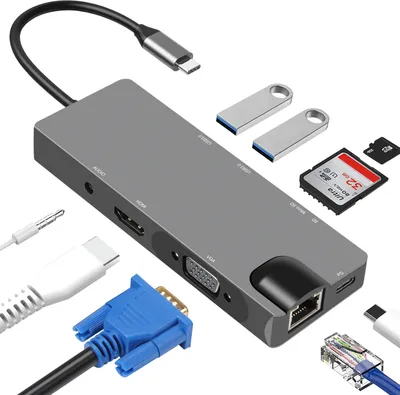 Produktbild von INF 9-in-1-USB-C-Hub mit USB 3.0, HDMI, RJ45, SD/TF-Kartenleser, 100 W PD, VGA