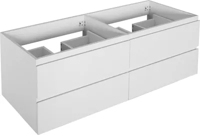 A white, wall-mounted vanity unit with four drawers and internal compartments, shown from a three-quarter front angle.