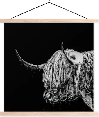 Produktbild von MuchoWow® Textilposter Schottisches Hochlandrind - Kuh - Schwarz - Weiß 40x40 cm mit holzfarbenen Rahmen - Posterleiste