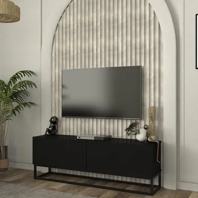 Produktbild von TV-Lowboard 'Nolven' mit 2 Klapptüren langes Gestell 135 x 32 x 47 cm Schwarz