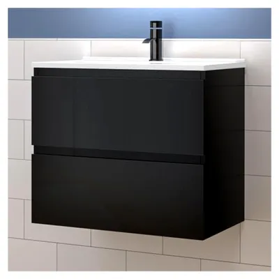 Produktbild von Waschtischset 60 cm mit Unterschrank in Hochglanz Schwarz und Keramikwaschbecken