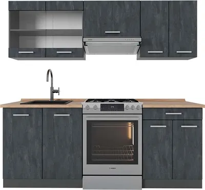Produktbild von Küchenzeile Vicco R-Line Schwarz Beton/Anthrazit 200 cm AP Eiche, Model 47432