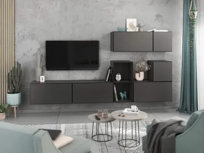 Produktbild von Wohnwand VARIANTO 1 Schrank Set 7 tlg., 266 cm, anthrazit matt / anthrazit matt, grifflos, stehend und hängend