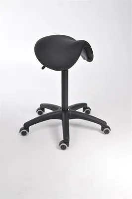 Produktbild von Sattelhocker Lexington mit Sitzneige | Sitzhöhe 49-68cm | Ø 63cm | Tragfähigkeit 110kg | Kunstleder-Sitz | Kunststoff-Fußkreuz mit Rollen | Schwarz