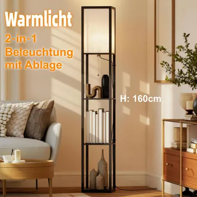 Produktbild von Moderne Regal Stehleuchte Holz mit 3 Ablagen – 160 cm Eckleuchte Standleuchte mit Zugkette & Acrylschirm für Wohnzimmer & Schlafzimmer, Platzsparende