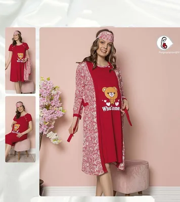Produktbild von Schwangerschafts Pyjama Set RotXXL Umstandsmode Schlafanzug mit Überzieher 3 Teiler C-69