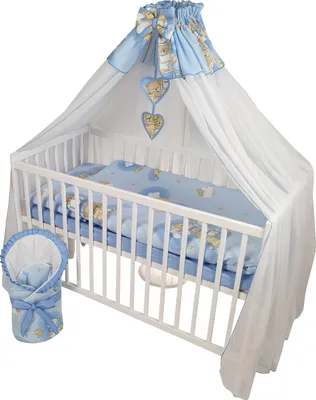 Produktbild von HAPPY 12 Teiliges Babybett Kinderbett und Bettwäsche komplett Set höhenverstellbar aus Massivholz für Neugeborene Babys und Kleinkinder (Blau-Teddybär auf Leiter)