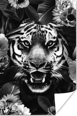 Produktbild von MuchoWow® Poster Tigerkopf zwischen Blumen - schwarz und weiß 40x60 cm - Plakate für die Wand - Poster Babyzimmer