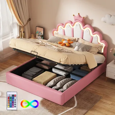 Immagine prodotto di Letto matrimoniale AIORBER, letto imbottito, 140x200cm, design a nuvola, lampade LED regolabili, letto idraulico con contenitore, per bambini o adolescenti
