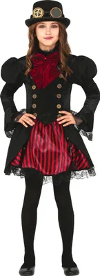 Produktbild von Steampunk Halloween Outfit Kinder Kürbismond Grusel Party Viktorianischer Stil Rot Schwarz Zeitreise Kostüm Abenteuer Fasching Kinderfest Vampirkleidung, Größe: 140/146 Farbe: Schwarz