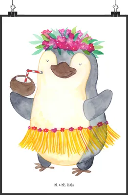 Produktbild von Mr. & Mrs. Panda Bild Pinguin Kokosnuss DIN A0 - Weiß - Geschenk, Ferien, Erholt, Urlaub, Wandbild, Hawaii, Plakat, Wanddekoration, drucke, wanddeko