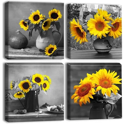 Image de Tableaux sur toile, ensemble de 4 pièces, motif tournesol, couleur gris, dimensions 30x30 cm