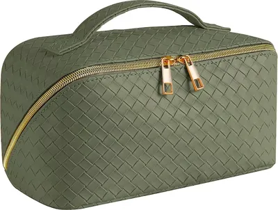 Image de ASKSA Trousse de maquillage grande capacité Trousse de maquillage portable en voyage imperméable en cuirPolyuréthaneou trousse de toilette avec séparateur (vert)